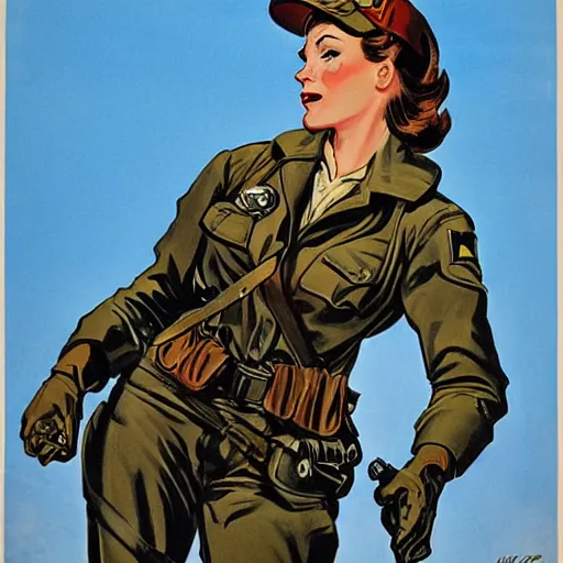 Image similar to female captain america. wwii american propaganda poster by james gurney. d - day