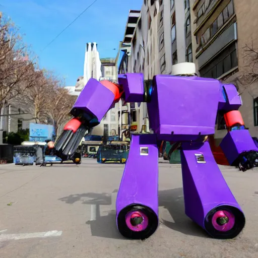 Image similar to giant toy soldier robot destroying a city laser, purple