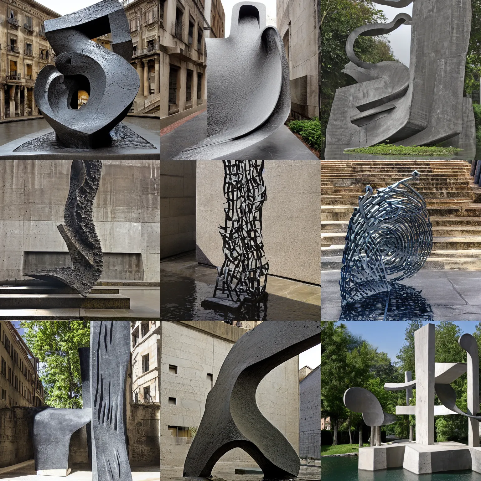 Prompt: Award-winning sculpture by Eduardo Chillida and Giovanni Battista Piranesi. The sculpture represents water, a liquid flowing. Made of steel