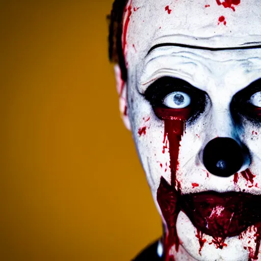 Image similar to medium shot of an expressionless clown with blood splattered on his face, muted tones, slightly out of focus, found footage, bland colors