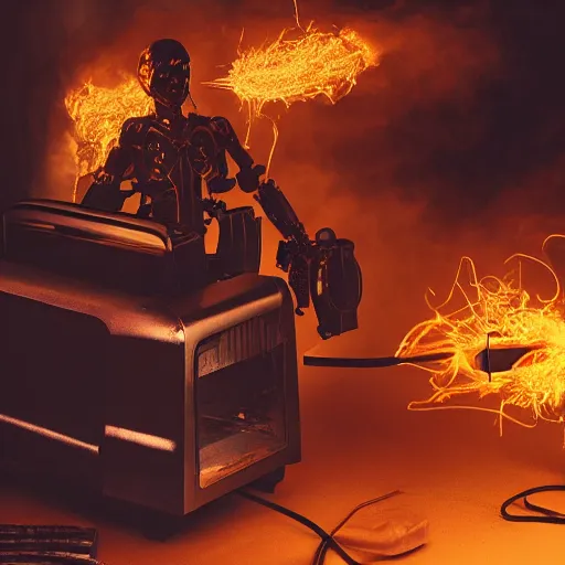 Prompt: cyborg with toaster oven for torso, dark messy smoke - filled cluttered workshop, dark, dramatic lighting, orange tint, sparks, cinematic, highly detailed, sci - fi, futuristic, movie still
