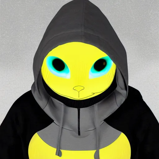 Prompt: white alien with yellow cat eyes wearing grey hoodie