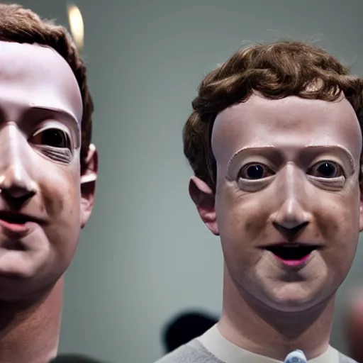 Image similar to Mark Zuckerberg alienish puppeteering human mark zuckerberg. photograph.