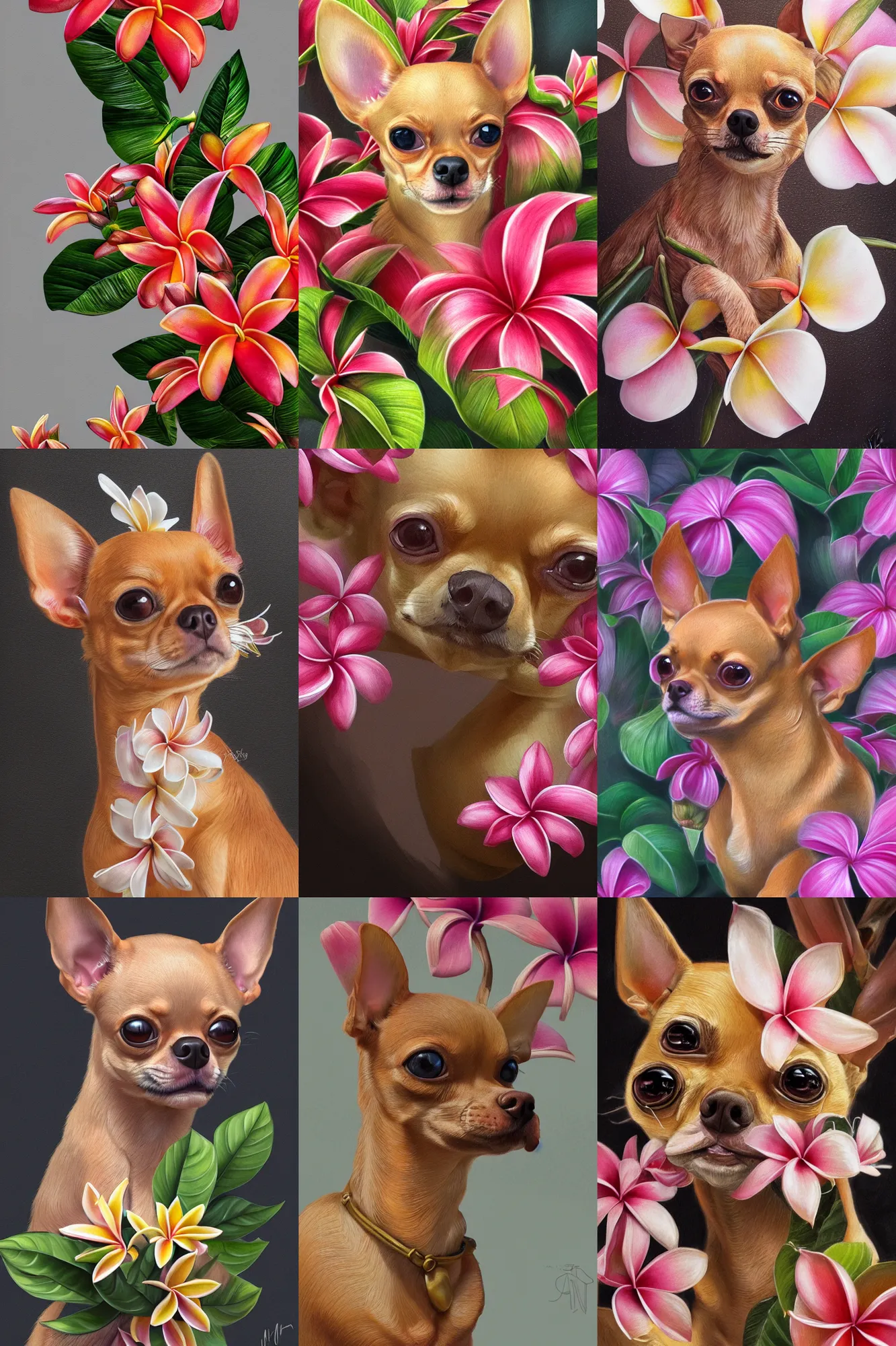 Prompt: ultra realistic illustration, portrait of a tan chihuahua plumeria tropical bouquet, close up shot, fantasy, intricate, elegant, highly detailed, digital painting, artstation, concept art, smooth, sharp focus, illustration, surrealism