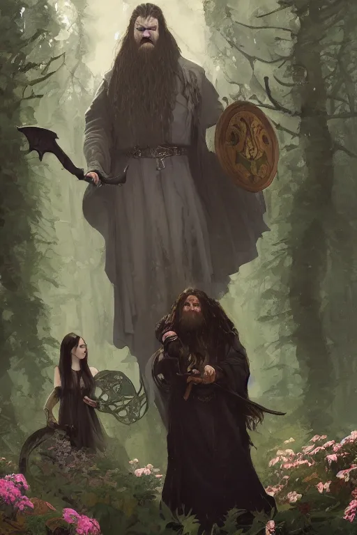 Image similar to hagrid the viking and gothic medieval morticia addams walking in enchanted forest with flowers, greg manchess painting by sargent and leyendecker, fantasy medium shot asymmetrical intricate elegant matte painting illustration hearthstone, by greg rutkowski by greg tocchini by james gilleard