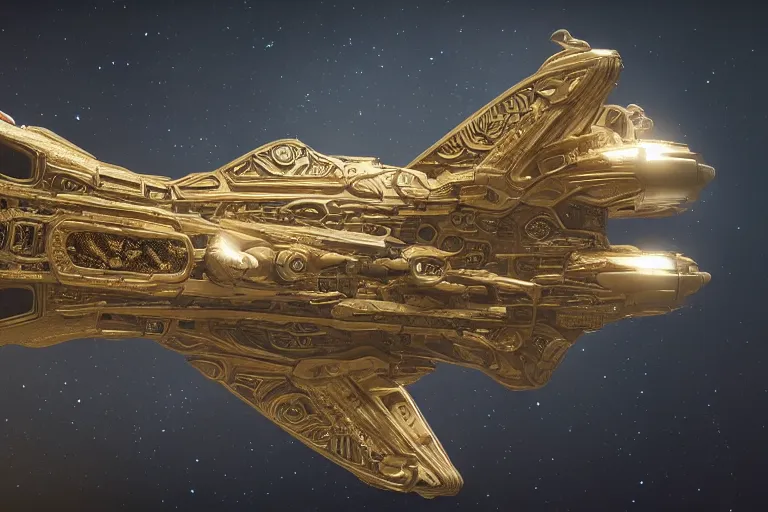 Image similar to an intricately ornate starship in space, made of ivory and gold with detailed filigree, trending on ArtStation, very detailed, octane render, Greg Rutgowski, Jodorwoski's Dune, David Lynch, postmodernist baroque industrial design, 4K, French Nouveau, atmospheric