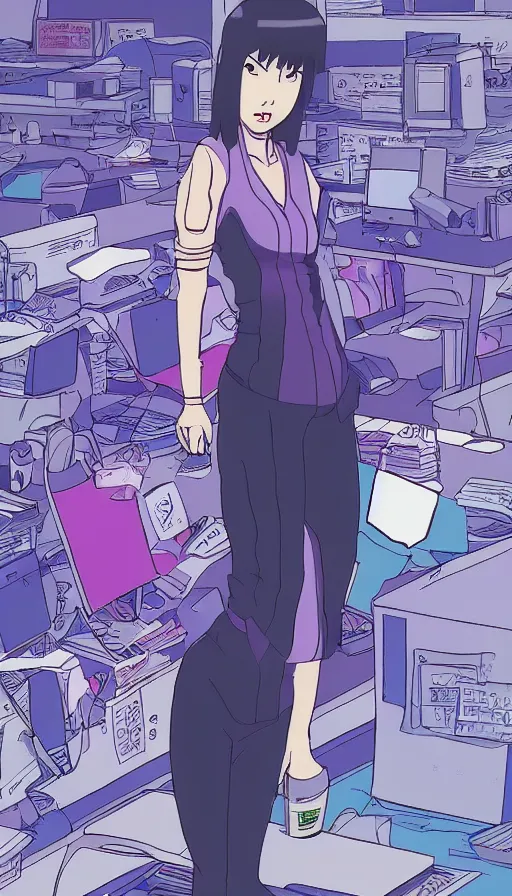 Prompt: mokoto kusanagi from ghost in the shell running in a government office, digital hand drawing and coloring, simple anime style