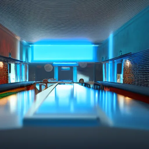 Image similar to a bar made with translucid fabric, water in front, parametric, blue hour, hyperrealistic, elevation, vray, unreal engine, trending on artstation