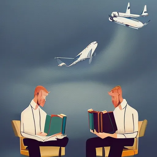 Prompt: “a gorgeous futuristic painting of a tall blond man and a dark haired man, sitting in a busy airport, reading books. They’re wearing monocles. an airplane is taking off in the background. Trending on artstation, rendered in 8k with unreal engine”