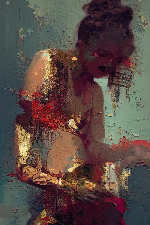 Image similar to a beautiful glitched painting by robert proch of a woman in a glitched bathroom, metal rust and plaster materials, pixel sorting, color bleeding, brushstrokes by jeremy mann, still life, dark colors