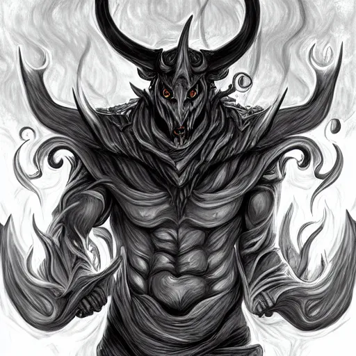 Image similar to full body grayscale drawing by Anato Finnstark of horned demon in heroic pose, swirling flames