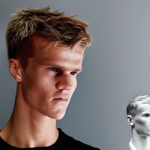 Image similar to a realistic detailed photo of a guy who is an attractive humanoid who is half robot and half humanoid, who is a male android, soccer player martin ødegaard, shiny skin, posing like a statue, blank stare, in a living room, on display, showing off his muscles