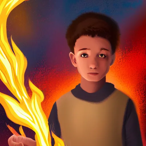 Image similar to A digital art of a boy with magical fire powers