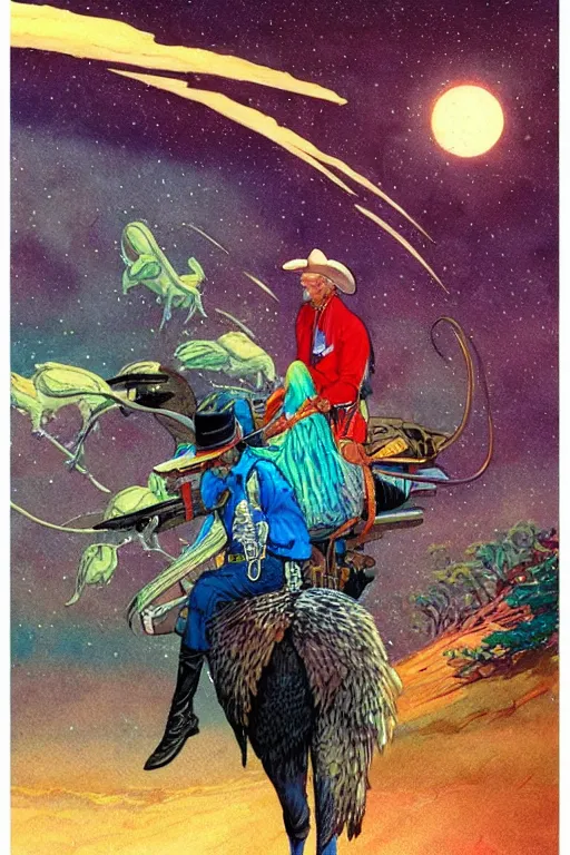 Prompt: illustration of cowboy riding a fantasy emu bird, scifi, art by jean giraud, moebius, juan gimenez, in watercolor gouache detailed paintings, in style of syd mead, colorful comics style, artstation