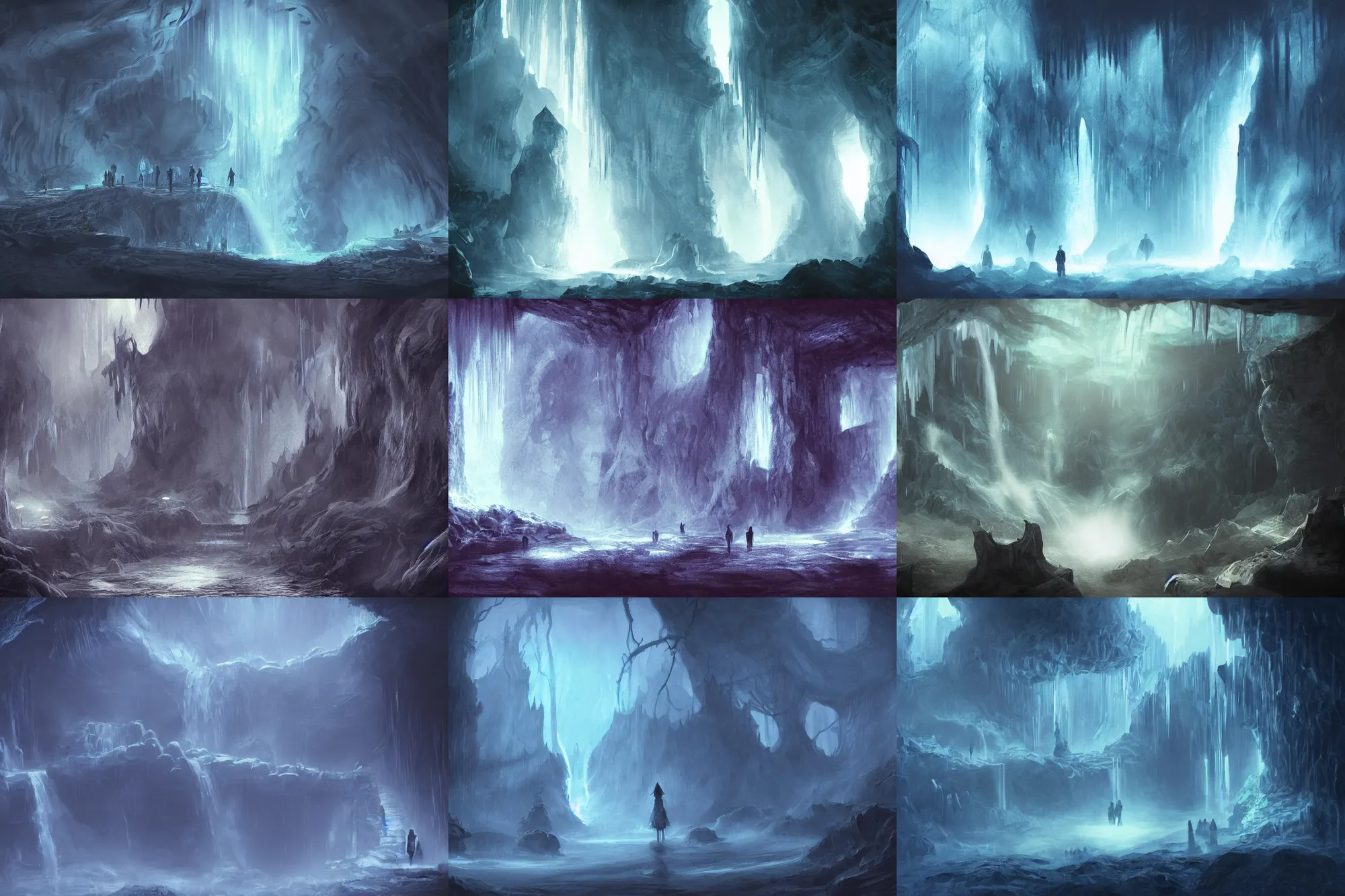 Prompt: lost souls searching for nothing, concept art, darkness, big dark caverns, waterfall, dim lighting, ultra detailed, soft, mysterious, blue haze, scary