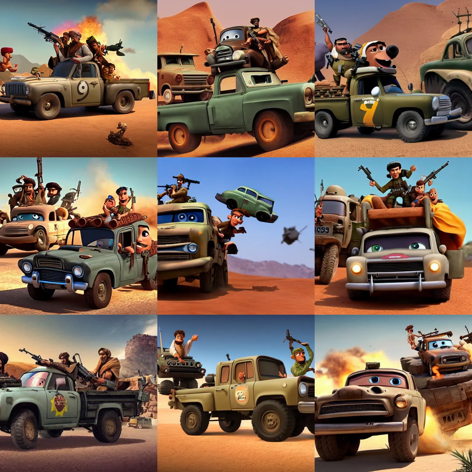 Prompt: the taliban riding on top of tow mater with mounted machinegun, pixar style cars movie