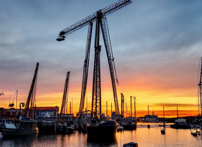 Prompt: photograph of the harbour with its cranes of gothenburg sweden, sun setting, landscape photography, award winning, canon, soft lighting, sony, nikon, 4 k, hd