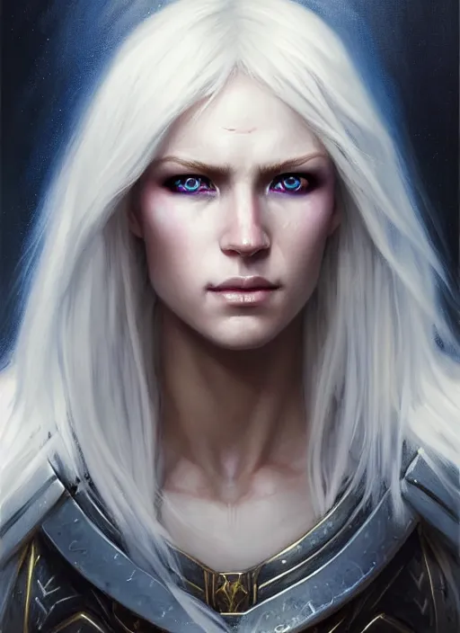 Image similar to a _ fantasy _ style _ portrait _ painting _ of white female paladin with blonde hair and blue eyes shy, scar under left eye, holy oil _ painting _ unreal _ 5 _ daz. _ rpg _ portrait _ extremely _ detailed _ artgerm _ greg _ rutkowski _ greg