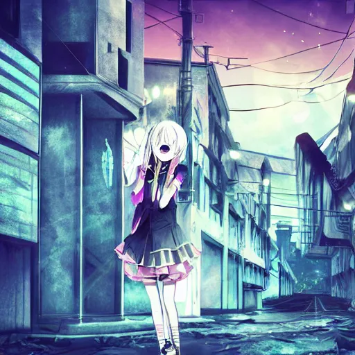 Prompt: vocaloid in abandoned city, dark, despair, loneliness