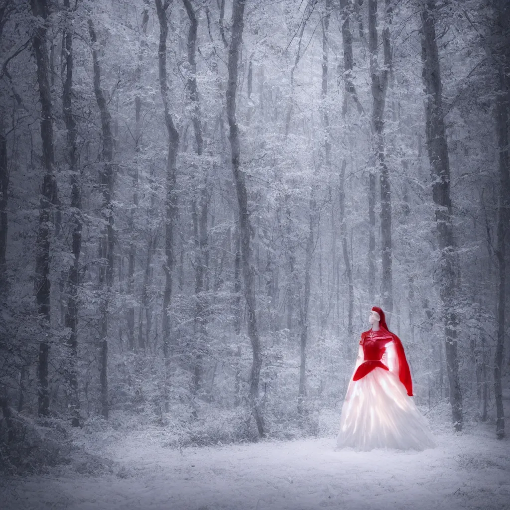 Image similar to extremely detailed picture of a princess wearing all white in a red forest, octane render, aesthetic