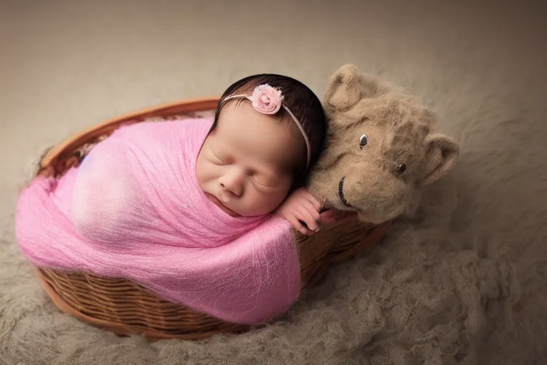 Prompt: beautiful sleeping newborn chubby baby girl wrapped in pink blanket inside a wooden basket on top of flowers and a furry pink carpet, newborn photography style, photographic, ultra realistic, highly detailed, octane render