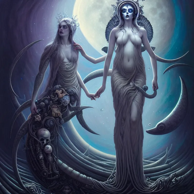 Image similar to skewed in the void, hr giger and cgsociety. one stunning luna goddess of personification of the moon by charlie bowater and tom bagshaw, insanely detailed, artstation, space art. sparkling flower fractules surrounded by skulls and robots deep under the sea, pop art, by peter rohrabacher lisa frank