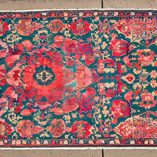 Prompt: topdown perspective of an old carpet with flower design