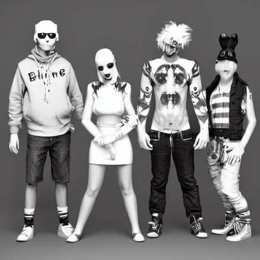 Image similar to bandphoto of chiptune band, in the style of billelis and pedro conti and stanley kubrick, inspired by die antwoord, black and white, photorealistic, epic, super technical, 3 d render