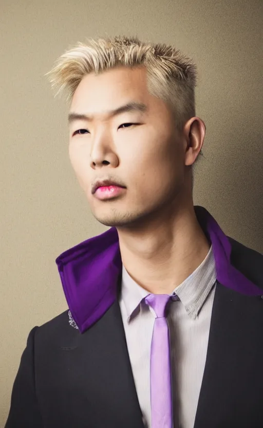 Prompt: a realistic photo of blond handsome Asian man in purple jacket, Kira Yoshikage in real life, studio photography , dark grey background, softly backlit, gentle smoke effect, photo courtesy Museum of art