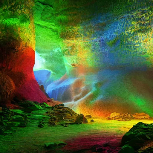 Image similar to rainbow colored caves lead to a rainforest, highly detailed digital art, artstation, cfg = 1 2