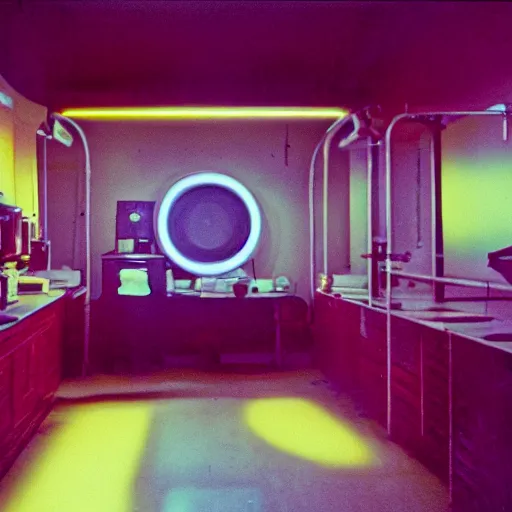 Image similar to a cup of tea, inside of a 1970s science lab, neon lights, dirty, ektachrome photograph, volumetric lighting, f8 aperture, cinematic Eastman 5384 film