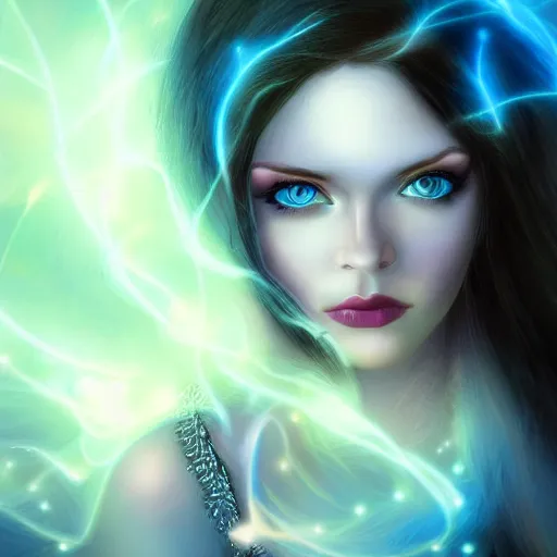 Prompt: magical brunette scottish woman with pale skin and deep blue eyes, digital art, glowing complexion