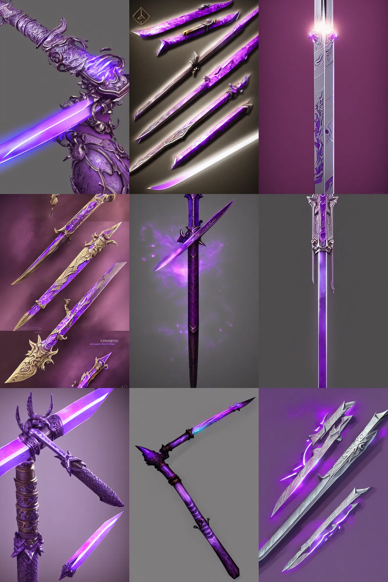 Prompt: Cursed Sword, ornamental, purple glow, long, exquisite handle, concept art, many angles, trending on Artstation, artstationHD, artstationHQ, octane, cgsociety, HD