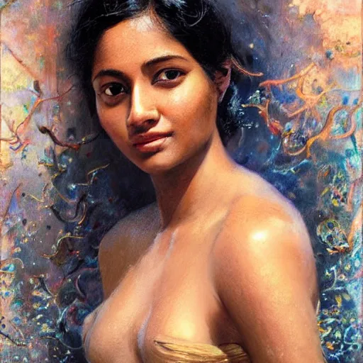 Prompt: detailed potrait of pretty srilankan woman coming out of water,,, painting by james jean, craig mullins, j. c. leyendecker, lights, art by ernst haeckel,
