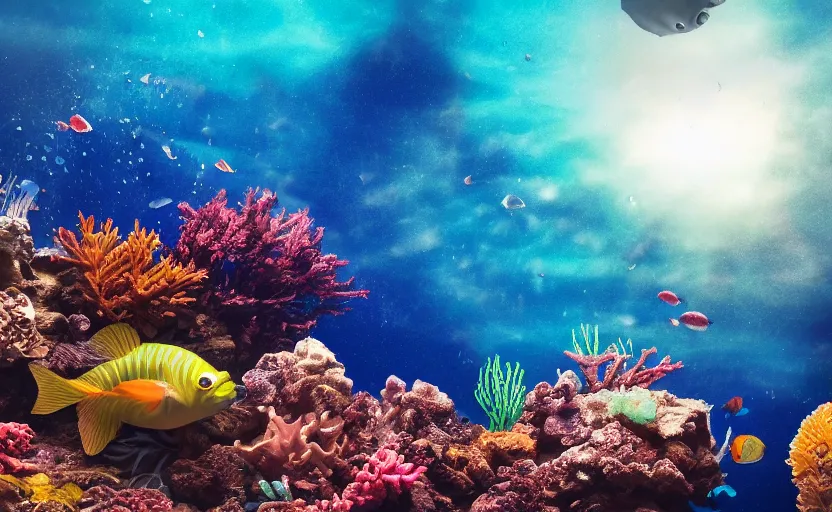 Image similar to photo of an extremely cute alien fish swimming an alien habitable underwater planet, coral reefs, dream-like atmosphere, water, plants, peaceful, serenity, calm ocean, tansparent water, reefs, fish, coral, inner peace, awareness, silence, nature, evolution, 8K,