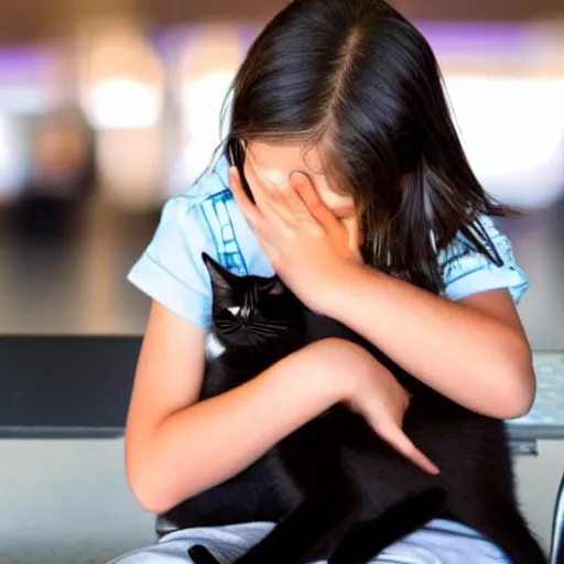 Prompt: girl crying at airport with black cat