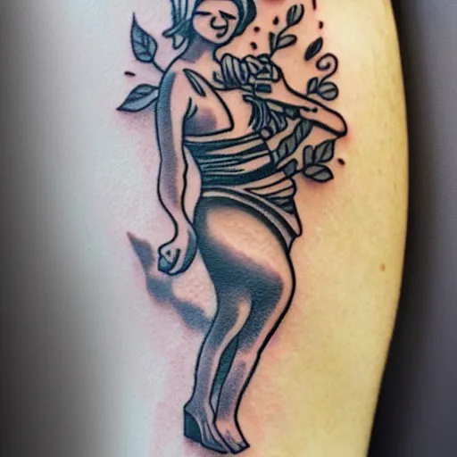 Prompt: stylised tattoo of a female figure holding a rose
