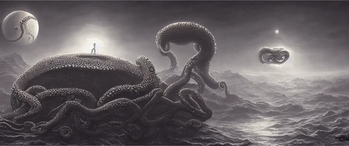 Image similar to detailed hyper realistic alien octopus demigod which looks deeply intimidating, menacing alien snake, floating island on a barren exoplanet, beautiful dramatic moody lighting, cinematic atmosphere, by Jean Giraud, Alex Grey, Zdzislaw Beksiński, Dan Mumford, Patiphan Sottiwilaiphong, Yintion J - Jiang Geping