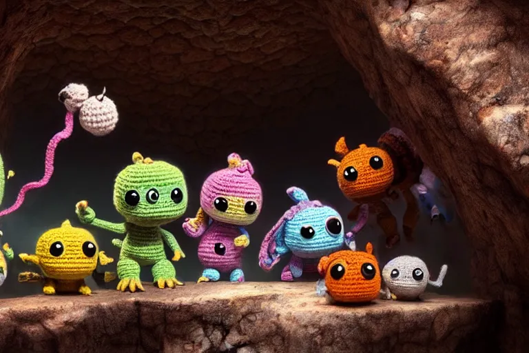 Image similar to an expedition of crochet cute monsters discovering a new cave underground. cute, illustration, digital art, inspired by little big planet, by greg rutkowski, detailed, sharp, masterpiece, highly detailed, photorealistic, octane render, 8 k, unreal engine 5, trending on artstation, vivid colors