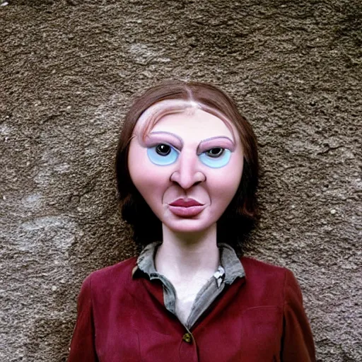 Prompt: beautiful woman with a long plasticine nose, wearing eyeballs on her head, in the countryside 1974 arthouse film, archival footage, technicolor film expired film