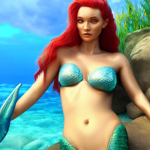 Prompt: mermaid on an island, highly detailed, photorealistic portrait, bright studio setting, studio lighting, crisp quality and light reflections, unreal engine 5 quality render