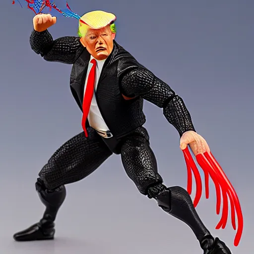 Image similar to action figure of Trump as Venom and shoots web from hair by Hasbro