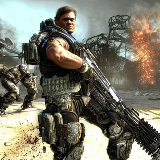 Prompt: Jim Carrey in Gears of War, high quality