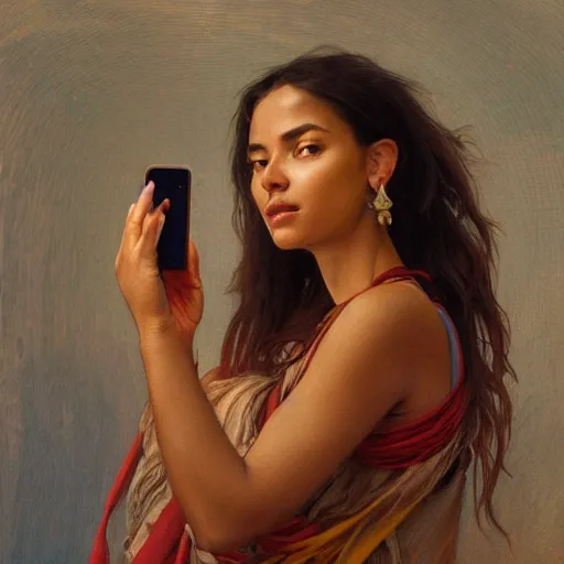 Prompt: artstation concept of a beautiful girl holding phone,iPhone, brown skin, sweaty skin, symmetrical face, casual white garment, brown canyon background, shiny colorful, hyperdetailed, artstation trending, world renowned artists, worth1000.com, historic artworks society, antique renewal, cgsociety, by greg rutkowski, by Alphonse Mucha, Deviantart
