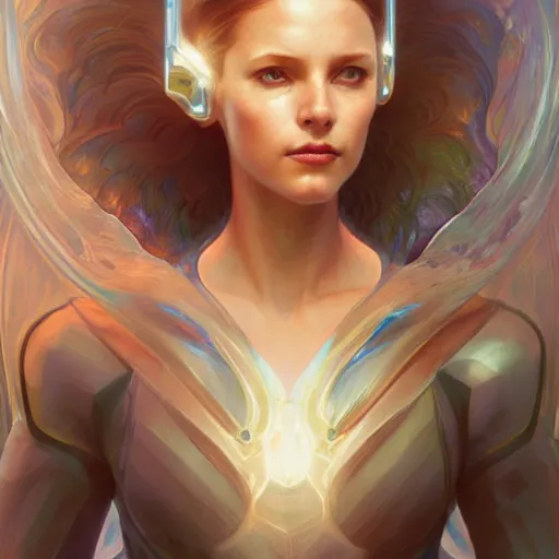 Image similar to portrait of a futuristic fairy, science fiction, smooth technology, smooth body, intricate, headshot, highly detailed, digital painting, artstation, concept art, sharp focus, cinematic lighting, illustration, art by artgerm and greg rutkowski, alphonse mucha, cgsociety