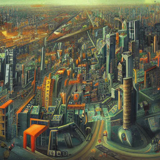 Prompt: a fantastic complex detailed painting of a chaotic city by Heironymous Bosch