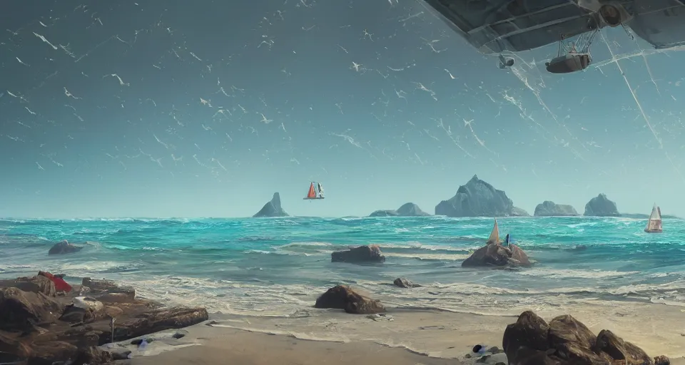 Image similar to A serene coastline with LOTS OF SAILBOATS bright sunny waves splashing on the beach, rendered by simon stålenhag, rendered by Beeple, Makoto Shinkai, syd meade, environment concept, digital art, starwars, unreal engine, 3 point perspective, WLOP, trending on artstation, low level, 4K UHD image, octane render,