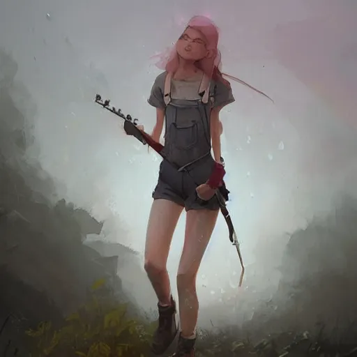 Prompt: portrait, Female adventurer, soft eyes and narrow chin, dainty figure, single strap paint covered overalls, short shorts, combat boots, raining, basic white background, style of by Jordan Grimmer and greg rutkowski, crisp lines and color,