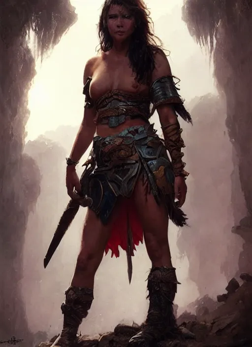 Image similar to hyper realistic photography of prehistoric barbarian paladin girl, full body, rule of thirds, conceptart, saturated colors, cinematic, vallejo, frazetta, greg rutkowski, royo, rowena morrill, juan gimenez