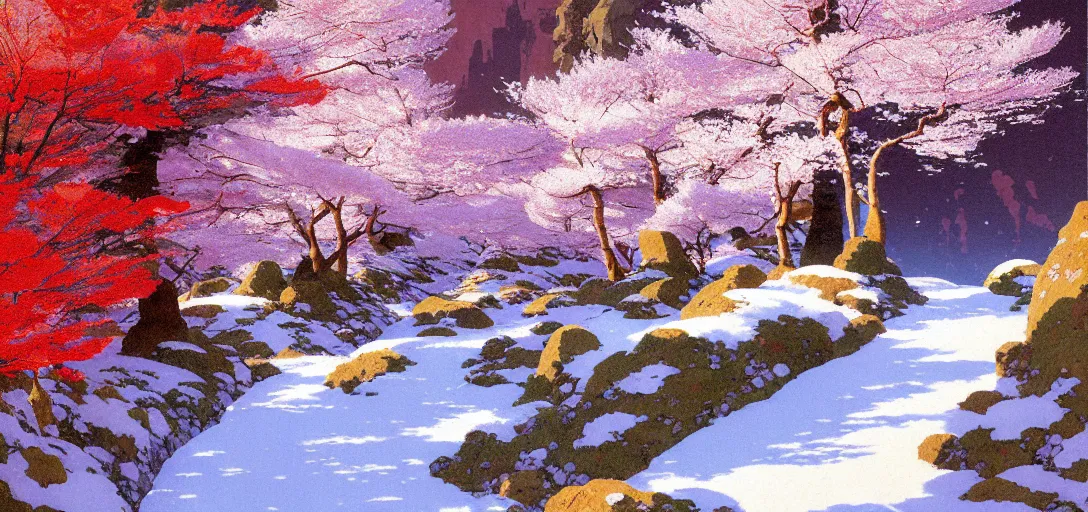 Image similar to ghibli illustrated background of a trail leading through a strikingly beautiful snowy landform with strange rock formations and red water, and cherry blossoms by vasily polenov, eugene von guerard, ivan shishkin, albert edelfelt, john singer sargent, albert bierstadt 4 k